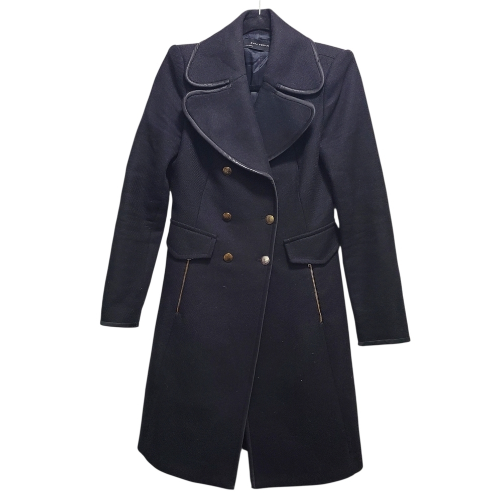 Zara double-breasted black wool-blend coat gold-tone buttons faux leather Trim S